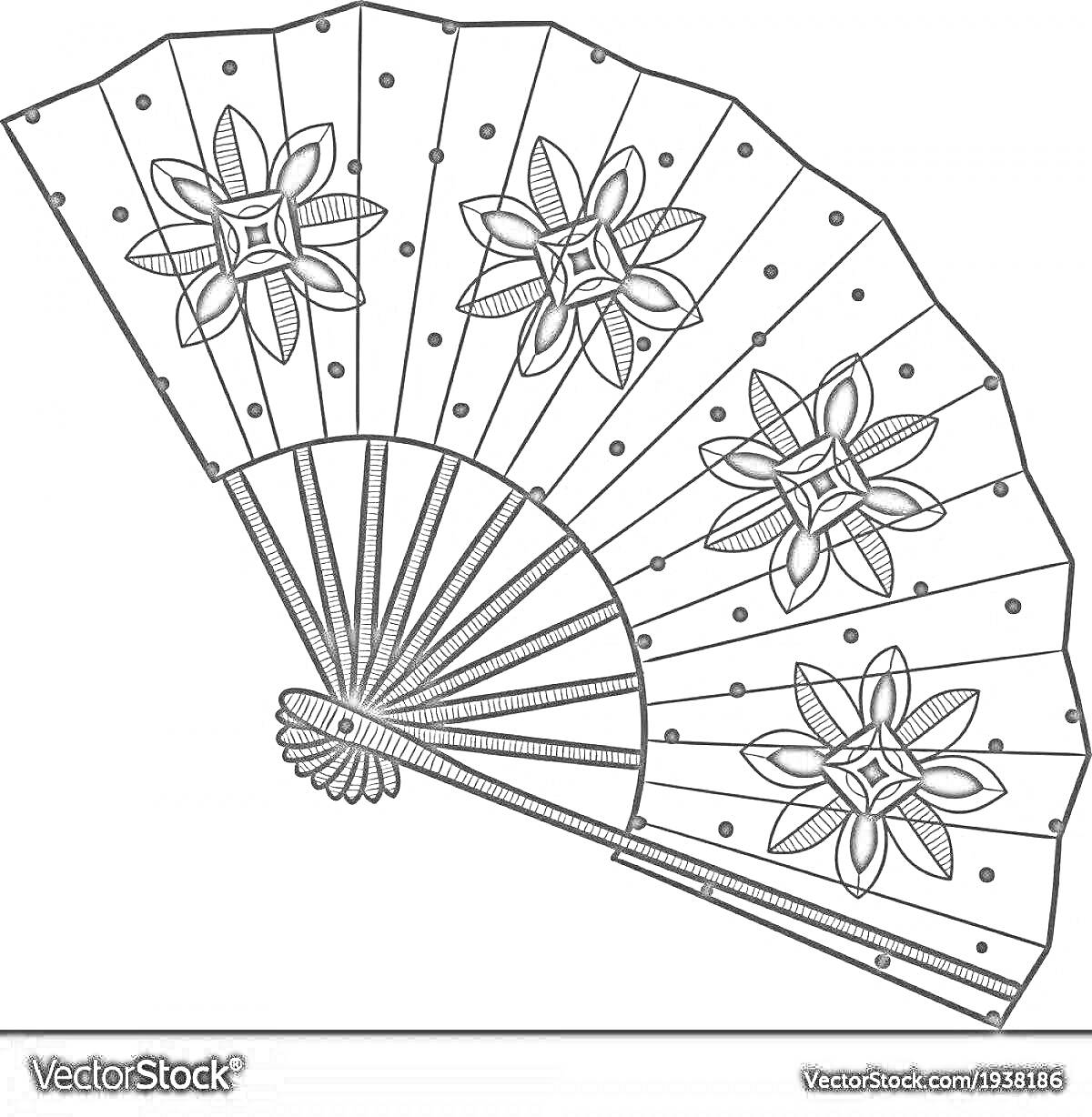 Раскраска китайский веер с цветочными узорами и точками