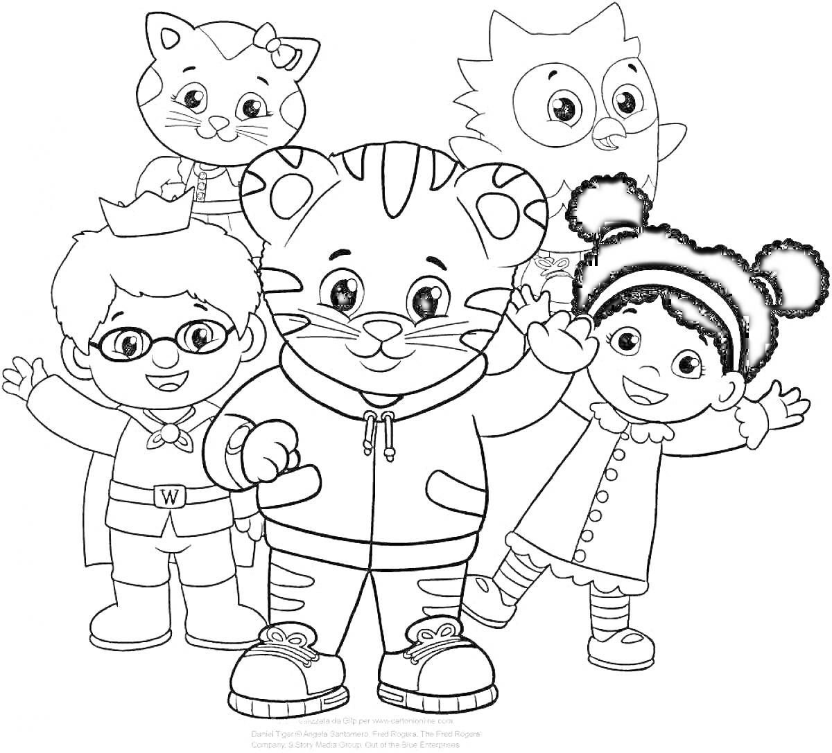 На раскраске изображено: Тигр, Девочка, Два пучка, Мальчик, Корона, Ребенок, Анимация, Дружба