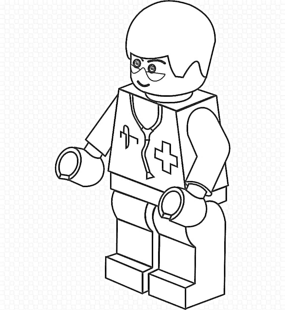 На раскраске изображено: Лего, Медик, Стетоскоп, Куртка, Крест, Короткие волосы