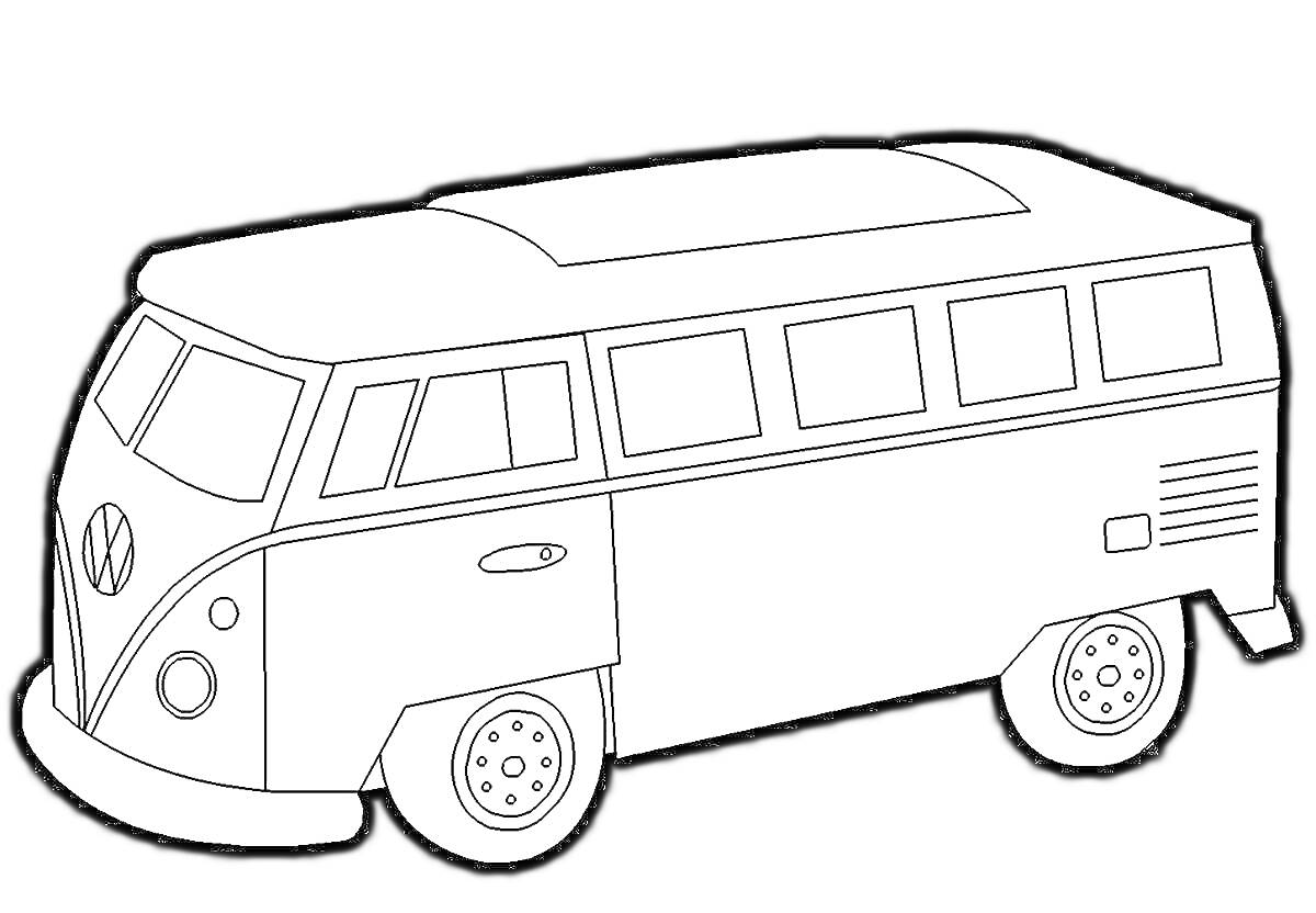 На раскраске изображено: Микроавтобус, Окна, Дверь, Колеса, Ретро, Транспорт, Путешествия, Авто