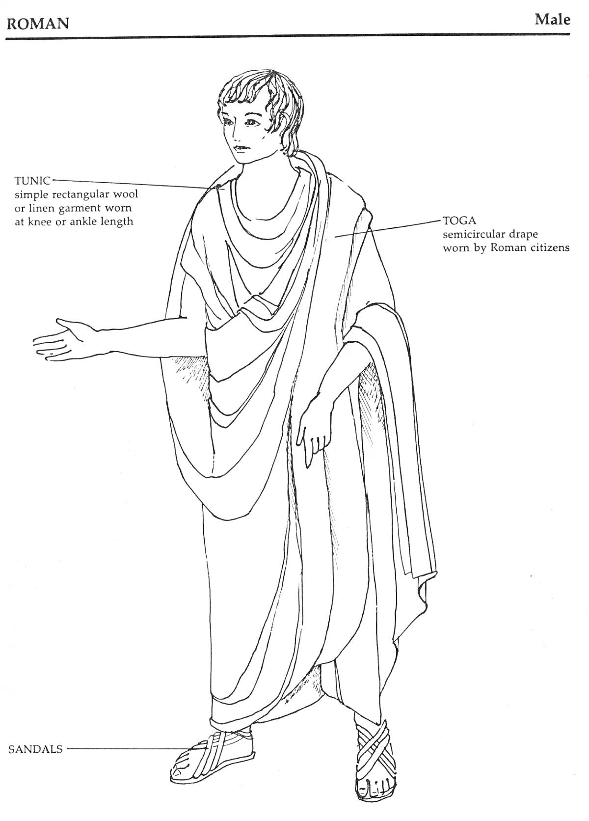 На раскраске изображено: Костюм, Мужчина, Туника, Сандалии, Одежда, Иллюстрация