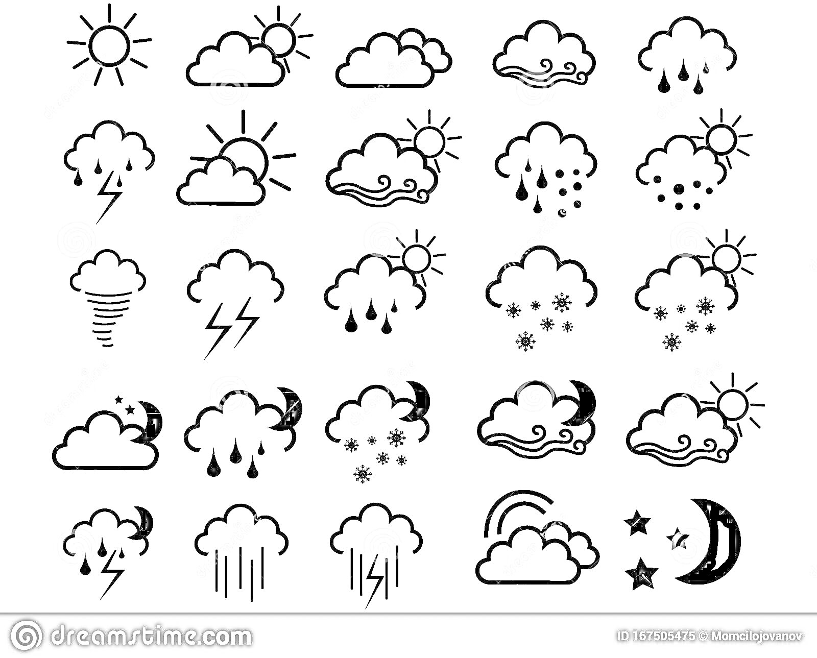 На раскраске изображено: Солнце, Молния, Дождь, Торнадо, Луна, Звезды