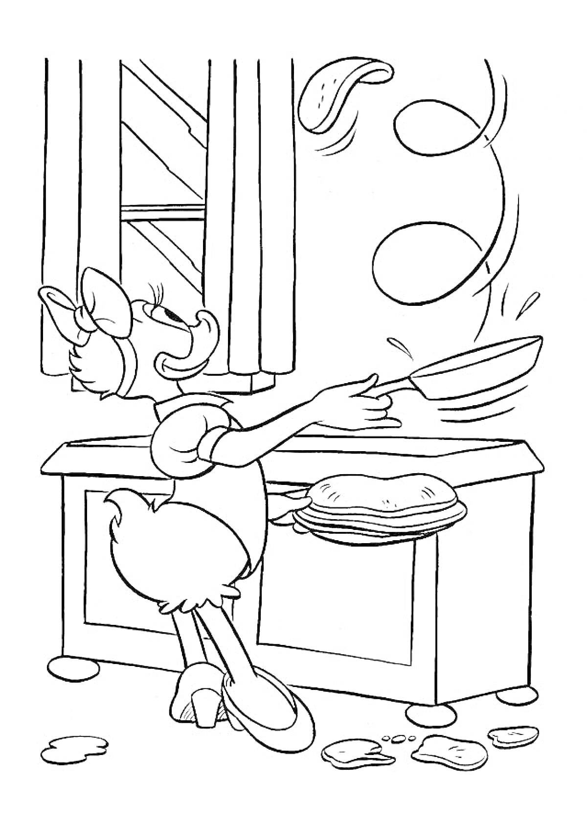 Раскраска Дейзи Дак готовит на кухне, бросает блины в воздух, окно и шторы на заднем фоне