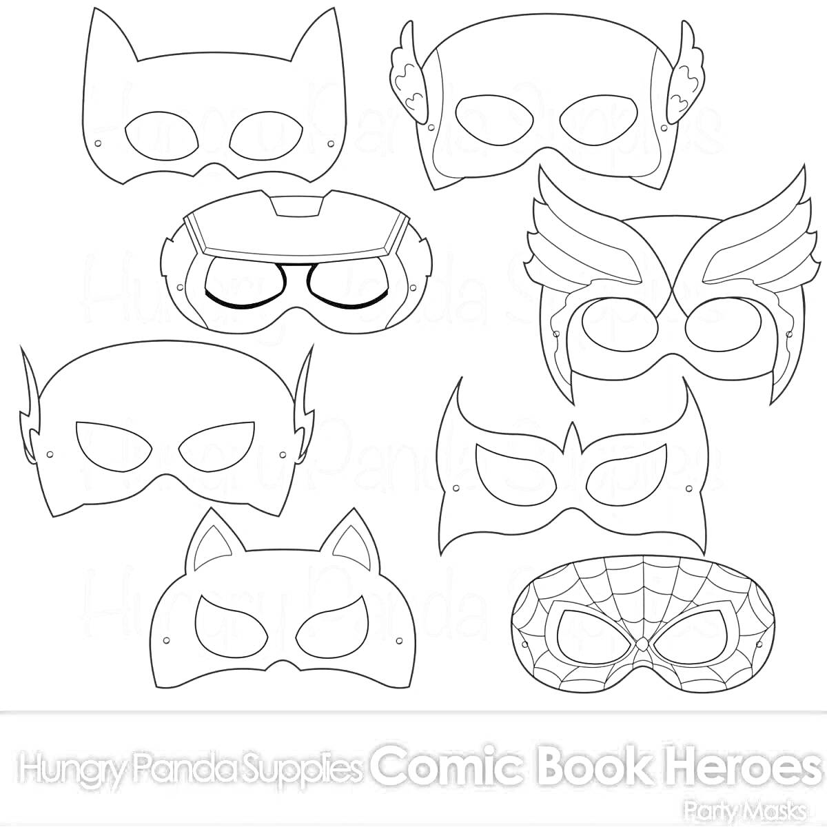 Раскраска Маска супергероя с кошачьими ушами, маска супергероя с крыльями, маска супергероя с ушами летучей мыши, маска супергероя с паутиной, маска супергероя с козырьком, маска супергероя с рогами