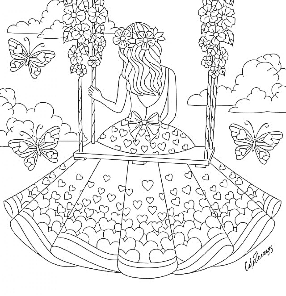 Раскраска Девушка на качелях с цветами на голове и бабочками в небе
