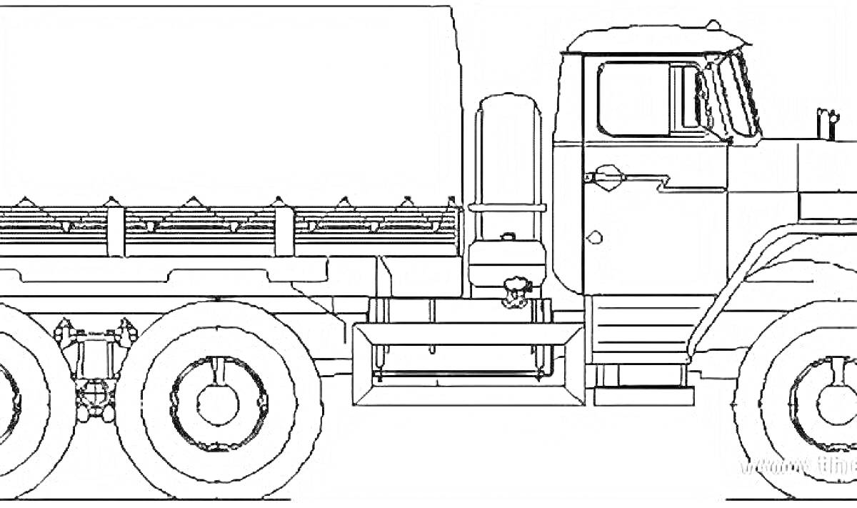Грузовик Урал с кабиной, кузовом и четырьмя колёсами