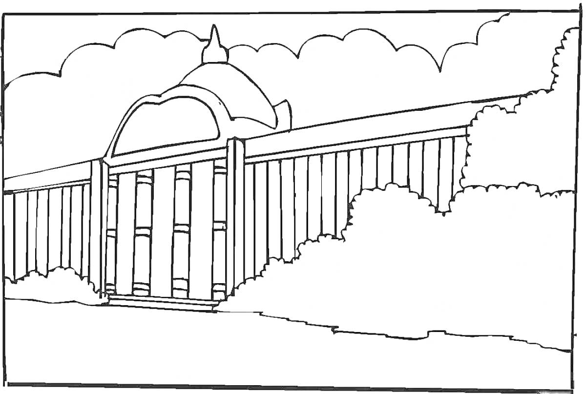 На раскраске изображено: Здание, Облака, Деревья, Архитектура, Природа