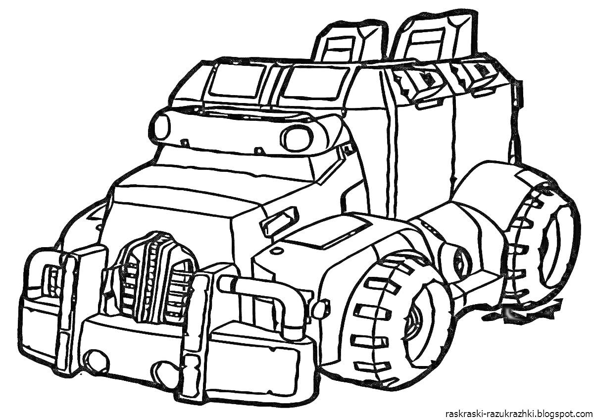 Раскраска Машинка-скричер с большими колесами и двумя сиденьями