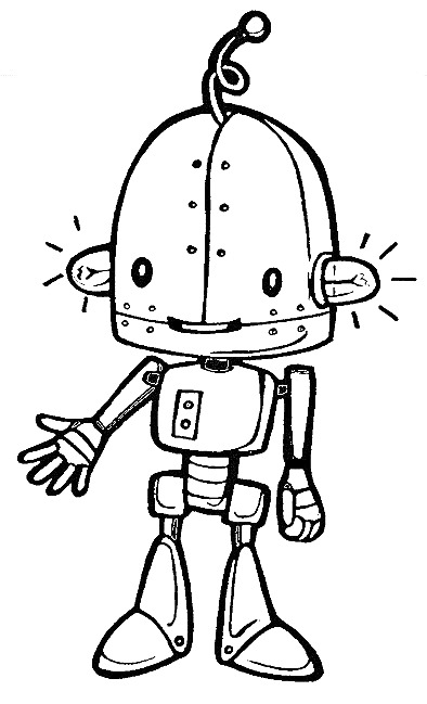 Раскраска Робот с антеннами, выступающими ушами и вытянутой рукой