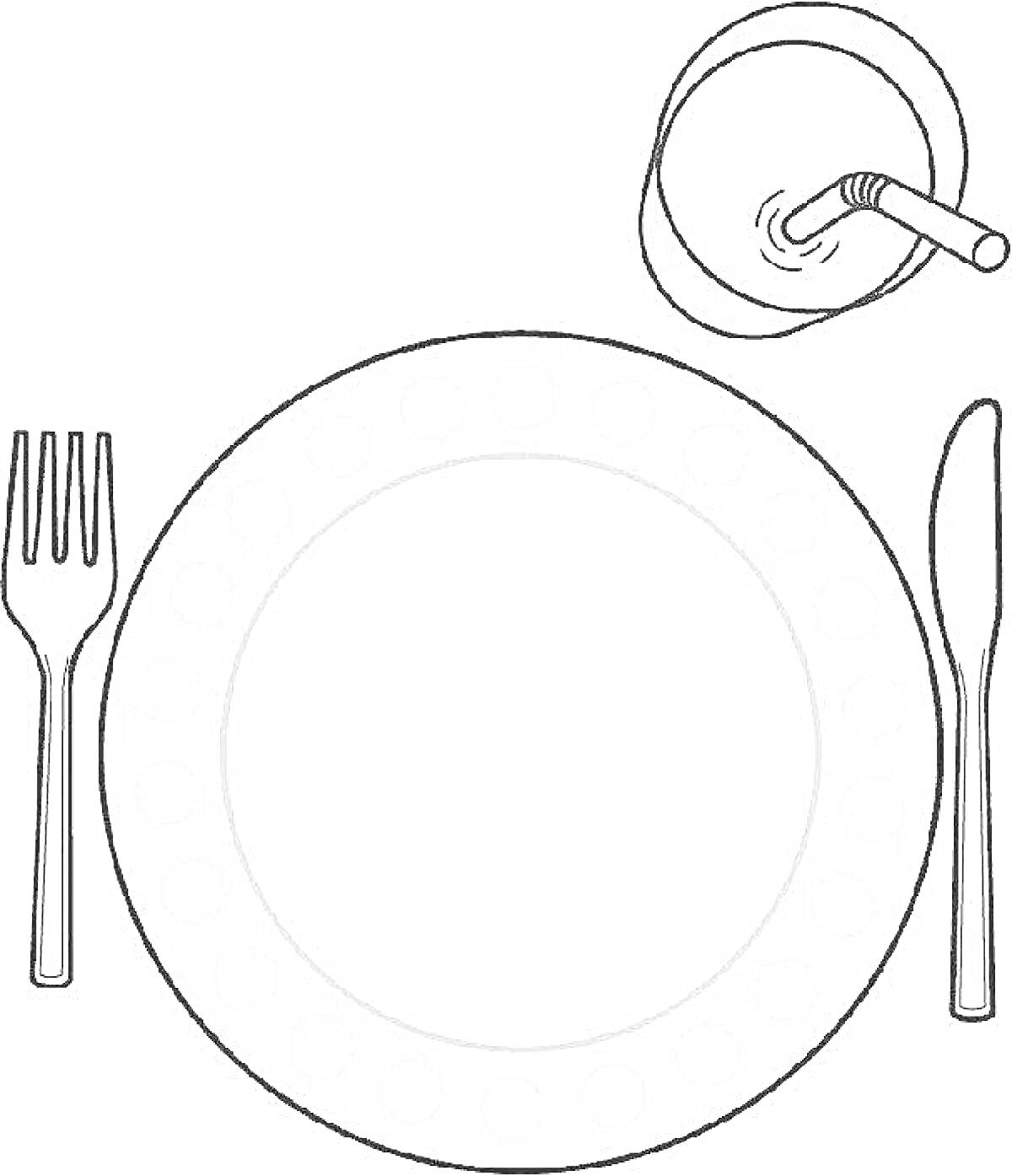 Раскраска Раскраска с тарелкой, вилкой, ножом и стаканом с соломинкой