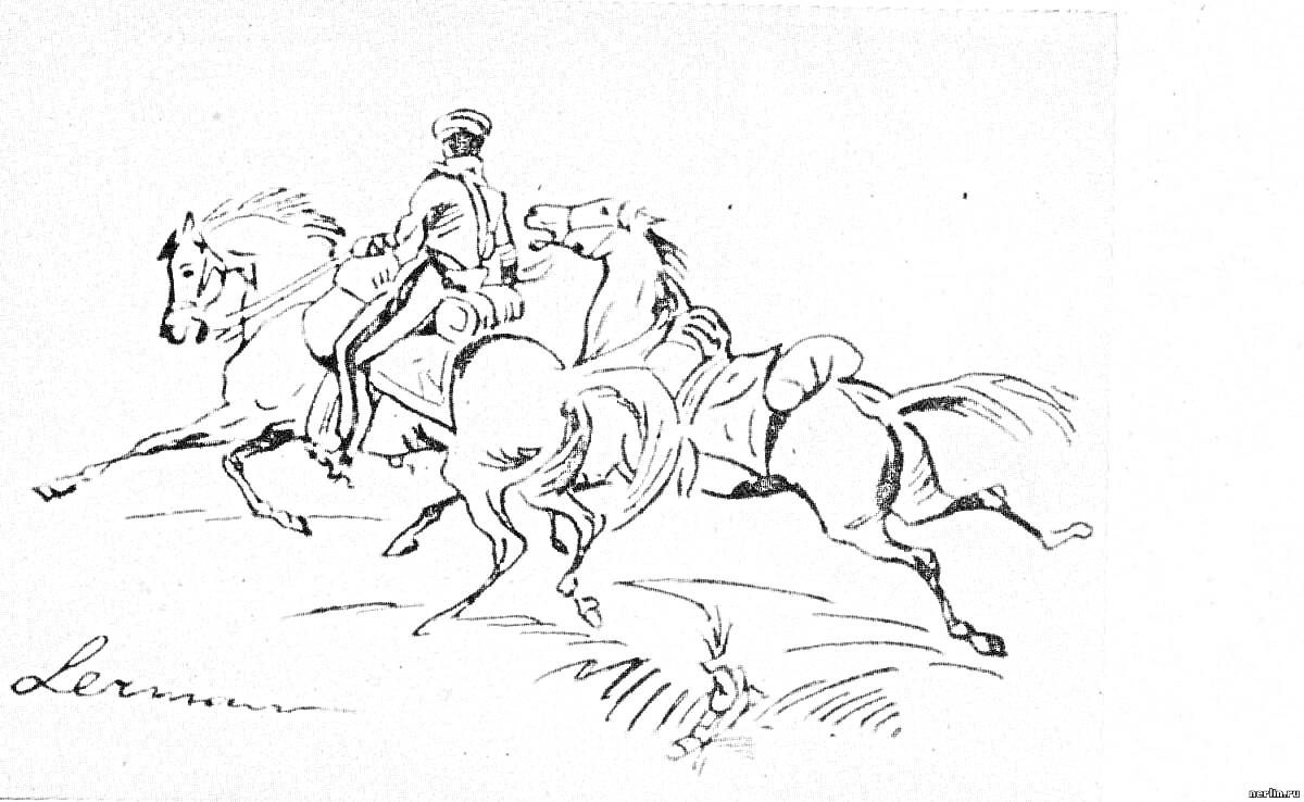 Раскраска Всадник верхом на двух бегущих лошадях