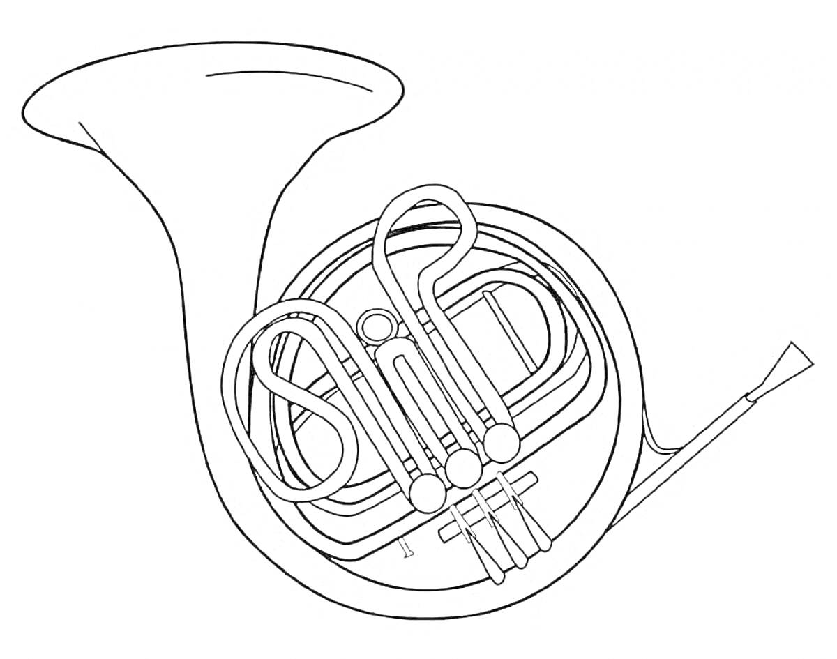 На раскраске изображено: Валторна, Музыкальные инструменты, Мундштук, Клапаны, Контурные рисунки