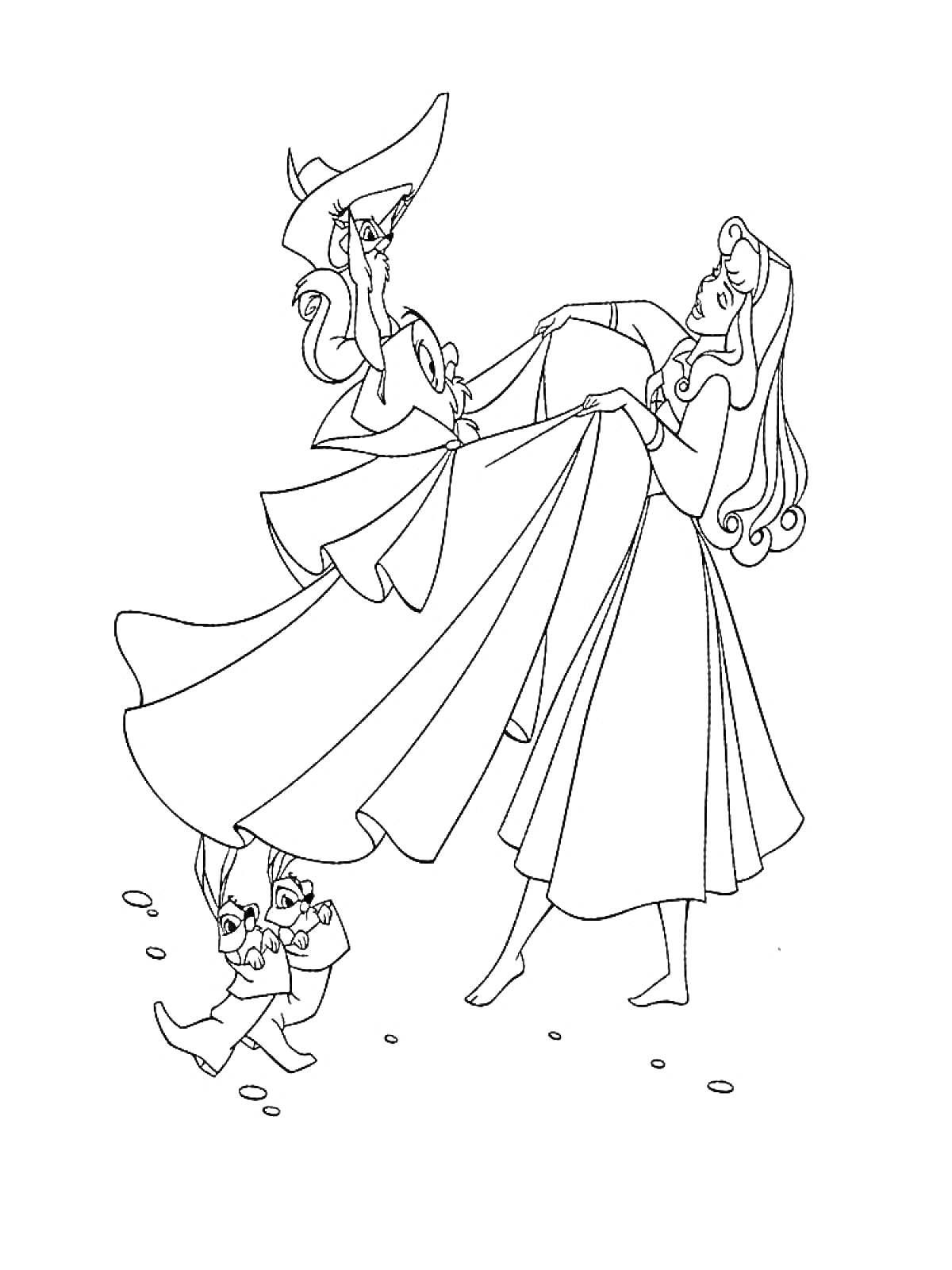 РаскраскаСпящая красавица, принцесса Аврора, две феи, кролик, лес, платье