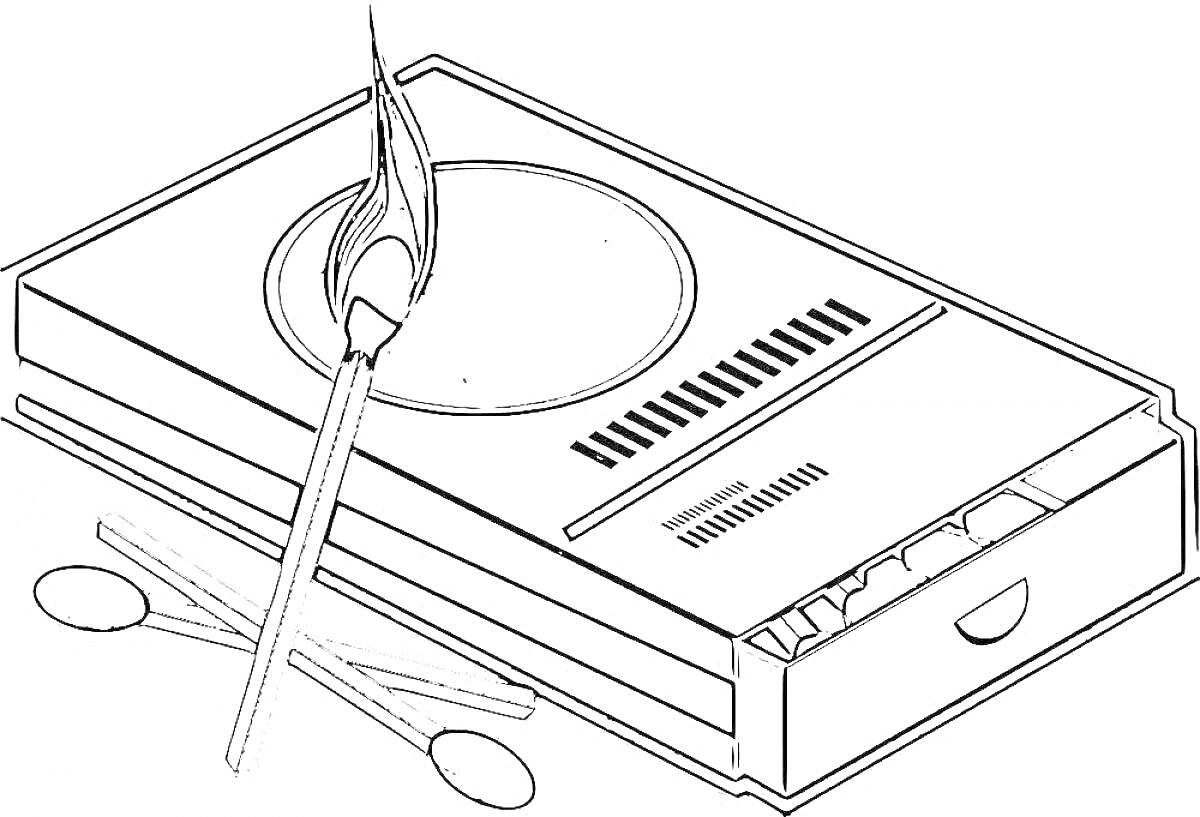 Раскраска Коробок спичек с горящей спичкой и двумя потушенными спичками