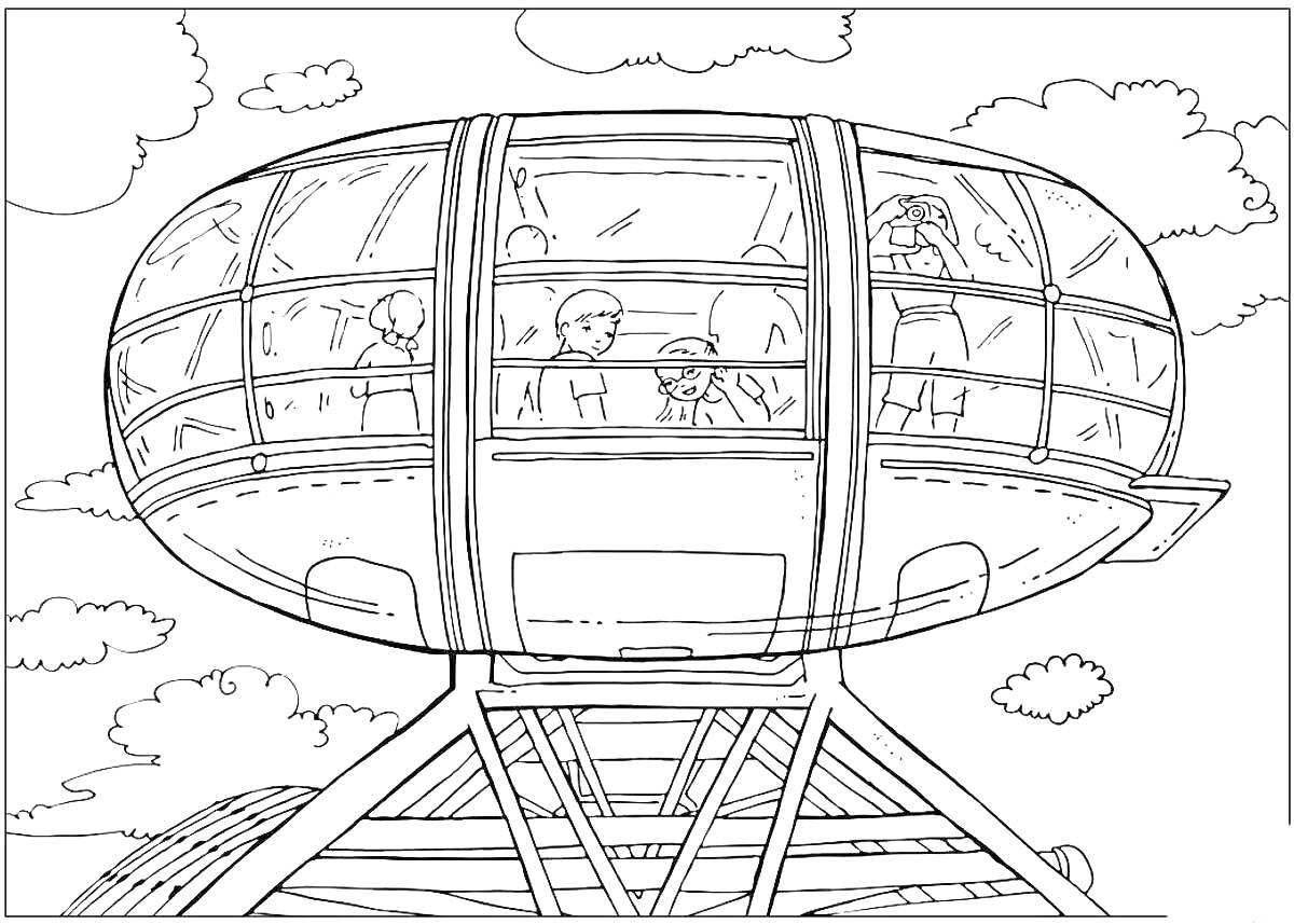 На раскраске изображено: Транспорт будущего, Воздушный транспорт, Пассажиры, Облака, Окна, Футуристический транспорт, Летающий аппарат