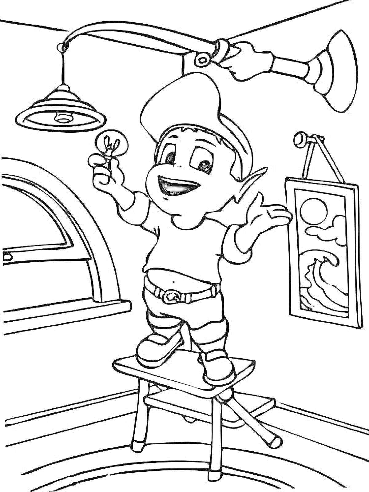 Раскраска Ребенок пытается починить потолочный светильник, стоя на стуле