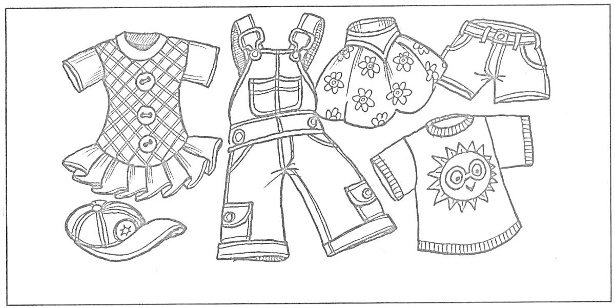 На раскраске изображено: Одежда, Платье, Куртка, Шорты, 4 года, 5 лет, Одежда для детей