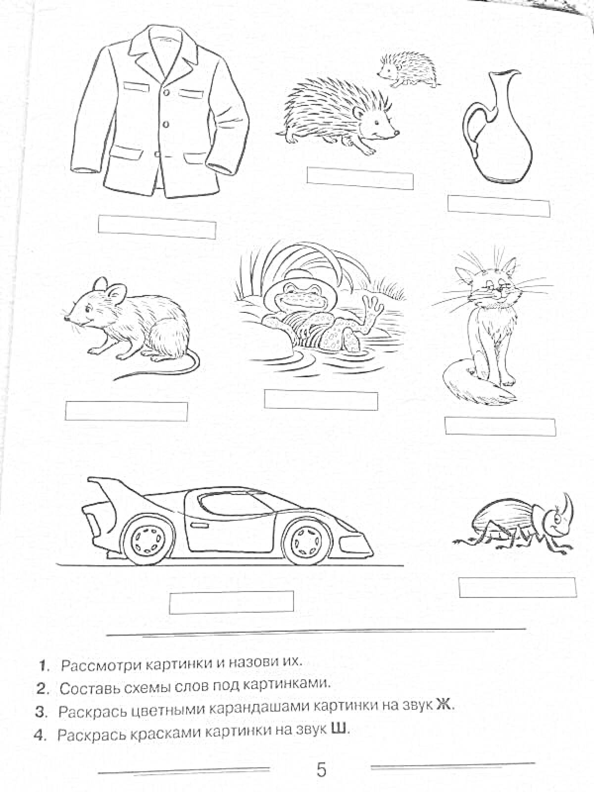 Раскраска Картинки для логопедических упражнений. Элементы: пиджак, ёж, кувшин, мышь, шланг, кошка, гоночная машина, жук.