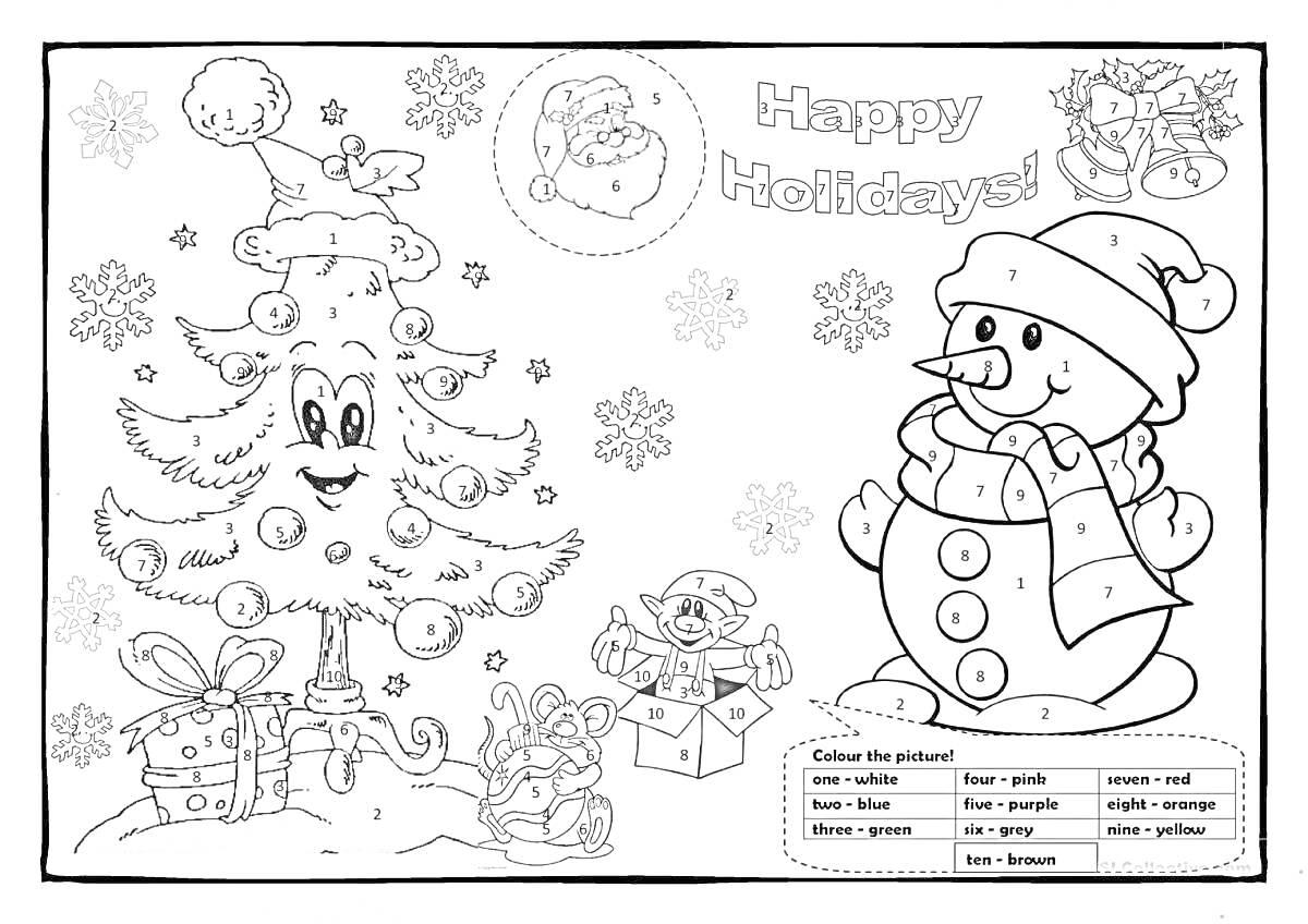 Раскраска Счастливая рождественская сцена с елкой, снеговиком, подарками и снежинками