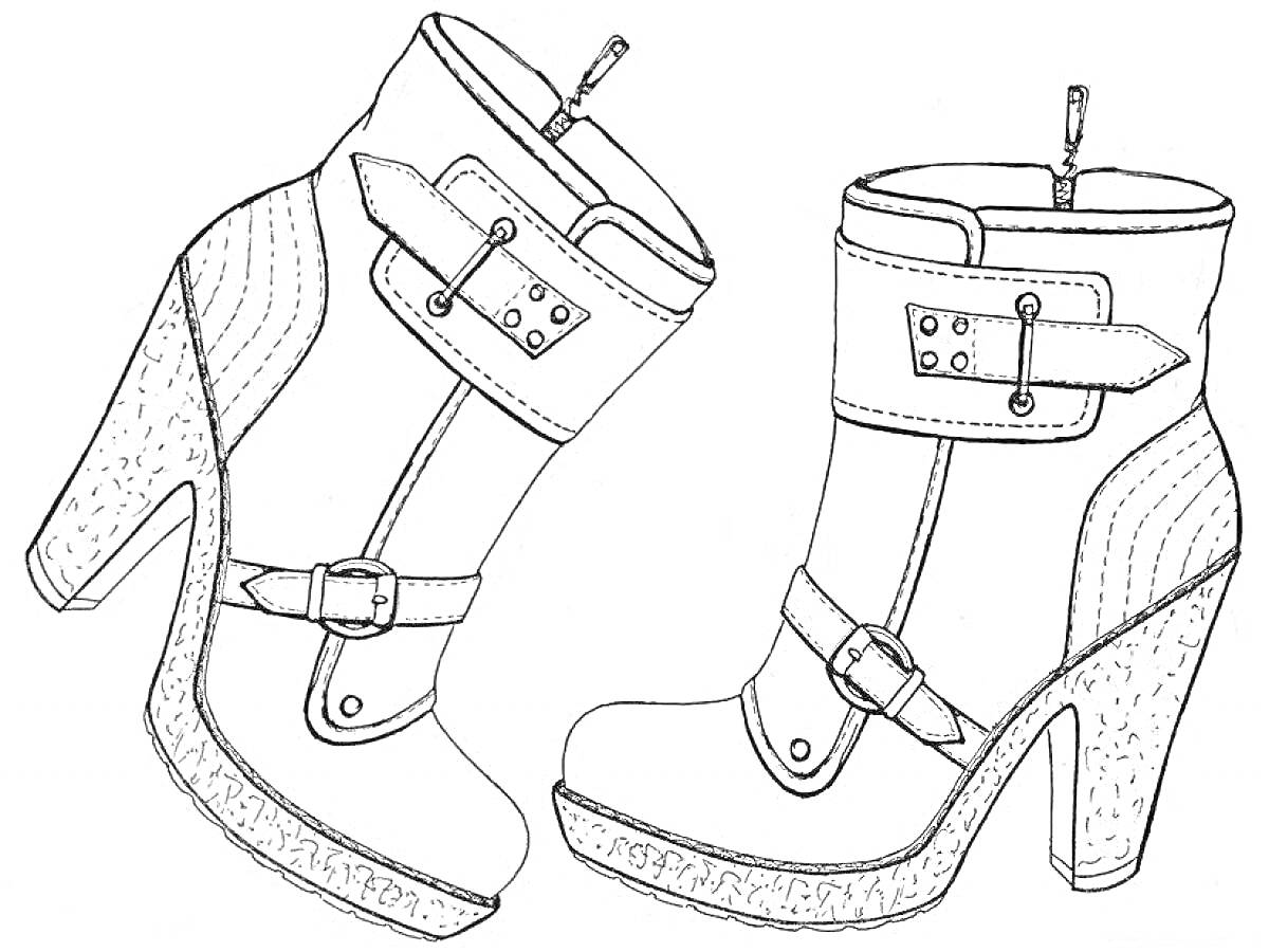 Раскраска зимние ботинки на каблуке с застежками и пряжками