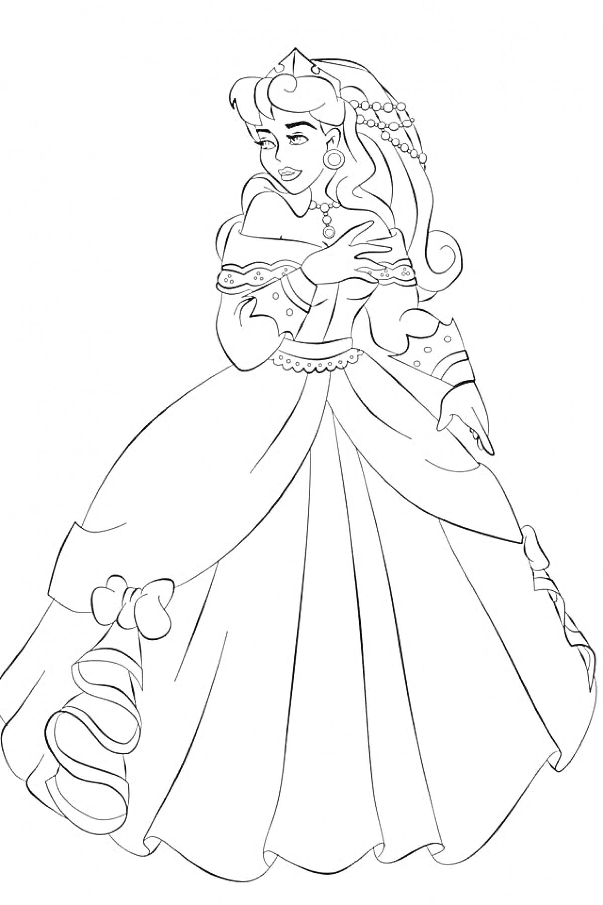 Раскраска Принцесса в платье с бантиками и украшениями, принцесса держит руку у груди