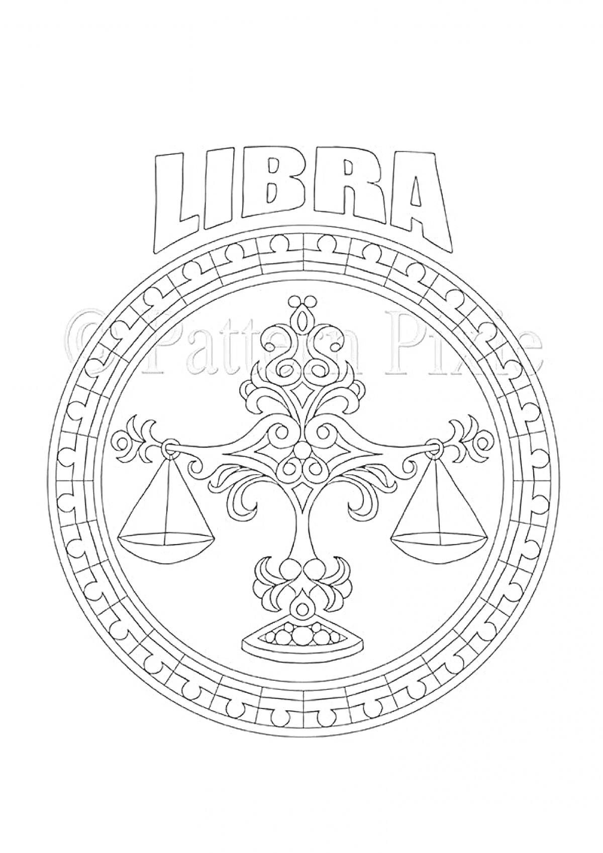 Раскраска Весы знак зодиака с декоративной рамкой и надписью LIBRA