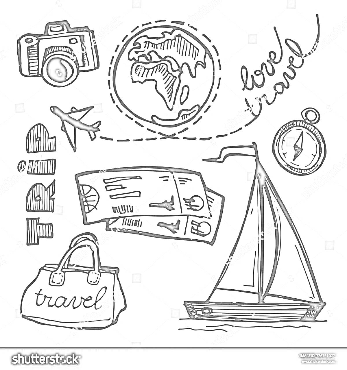 Раскраска Камера, глобус, самолёт, компас, билеты, парусник, дорожная сумка с надписью 