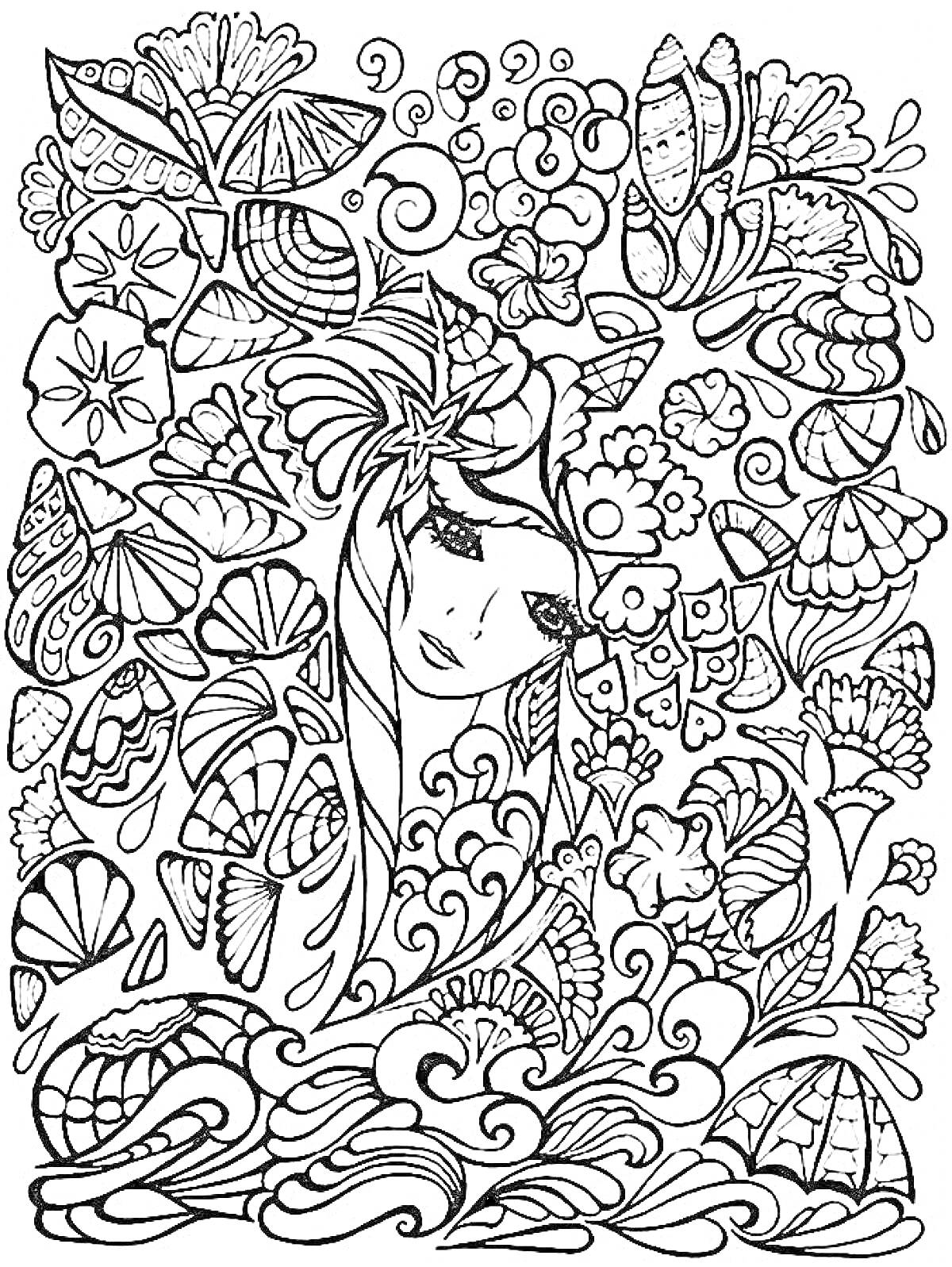 Раскраска Женский портрет в окружении цветов, волн, ракушек и листьев