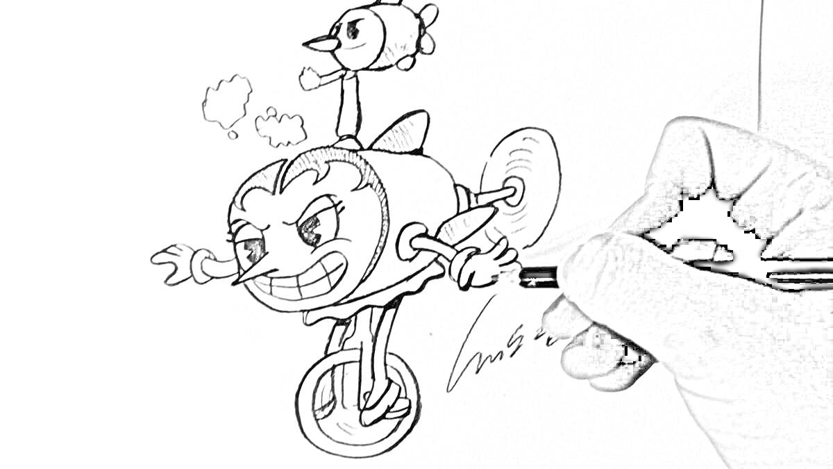 Раскраска Смелый аэроциклист (персонаж на колесе уницикла с птичкой на голове)