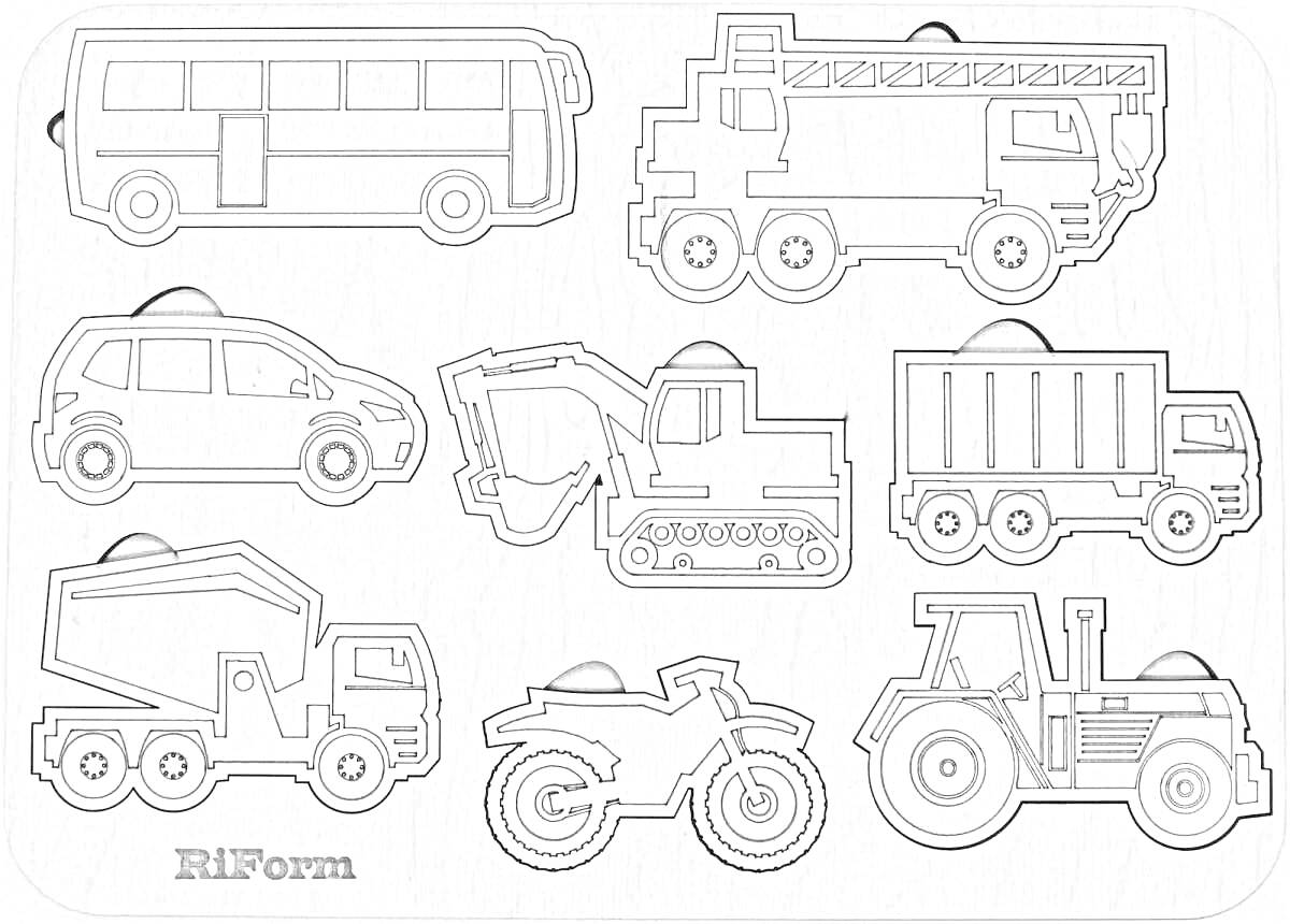 На раскраске изображено: Автобус, Пожарная машина, Легковая машина, Экскаватор, Самосвал, Цементовоз, Мотоцикл, Трактор, Транспорт