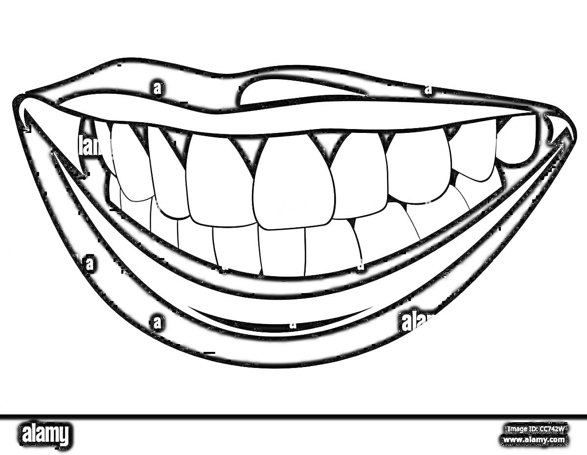 На раскраске изображено: Улыбка, Зубы, Рот, Открытый рот