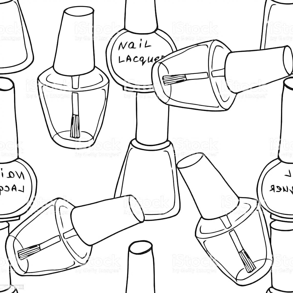 На раскраске изображено: Лак для ногтей, Кисточки, Маникюр, Косметика