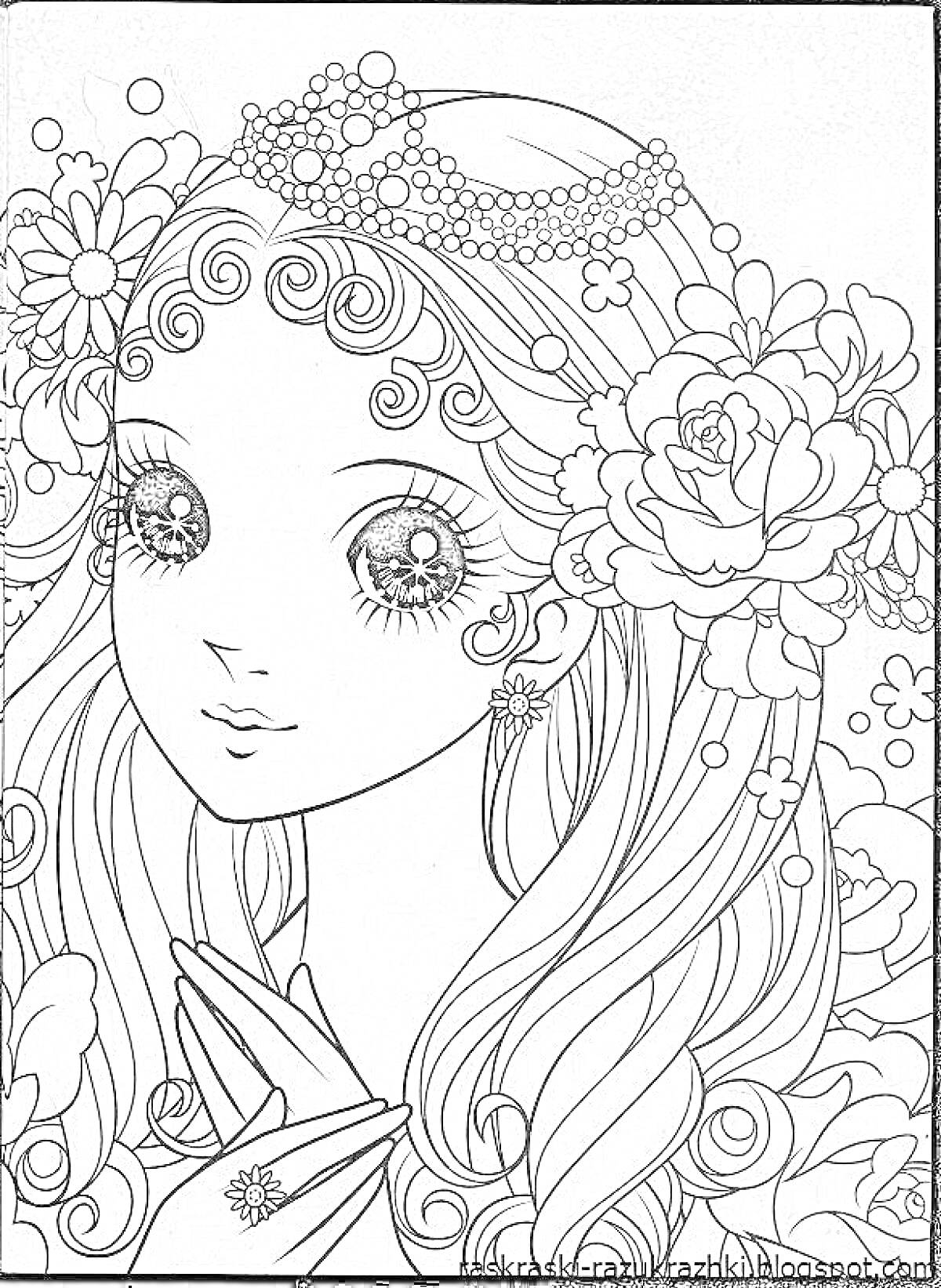 На раскраске изображено: Цветы, Корона, Длинные волосы, Украшения, Ресницы, Для девочек, Девочка