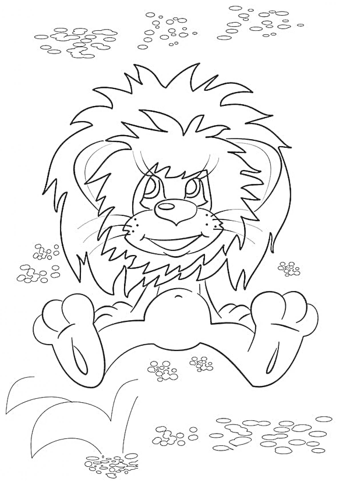 Раскраска Львенок с пышной гривой на лугу