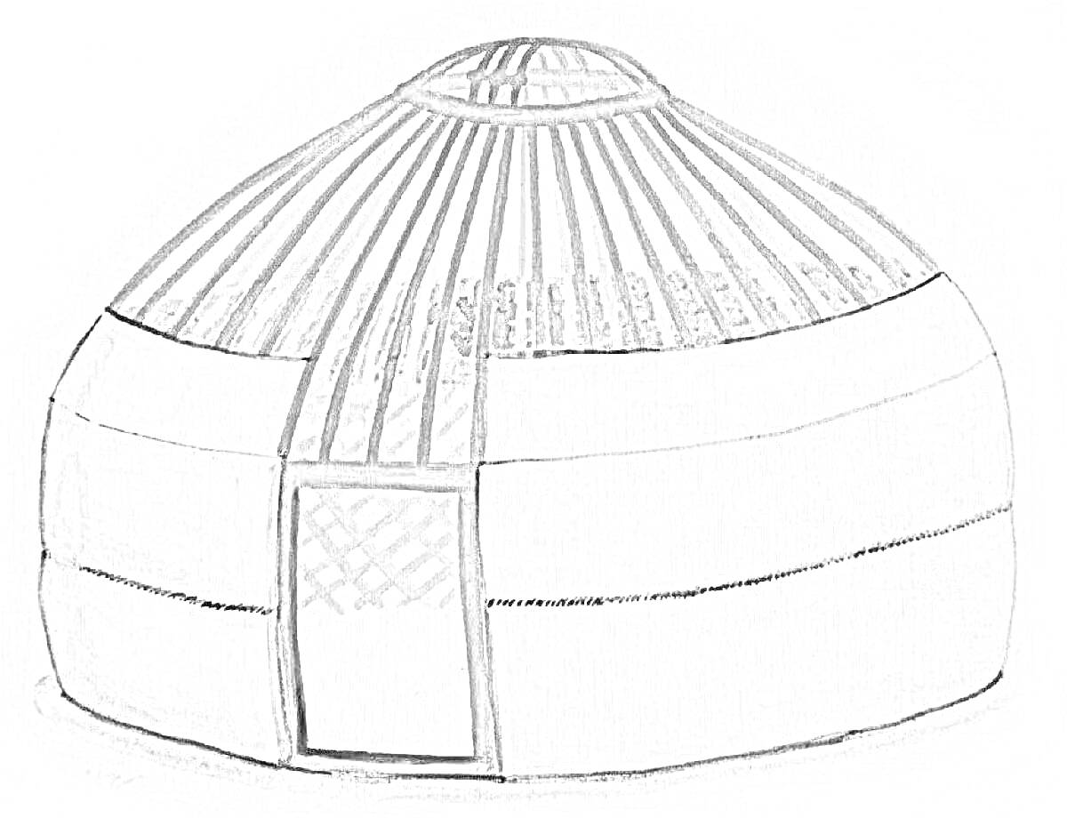 На раскраске изображено: Киіз үй, Юрта, Традиционное жилище, Каркас, Дверь, Крыша