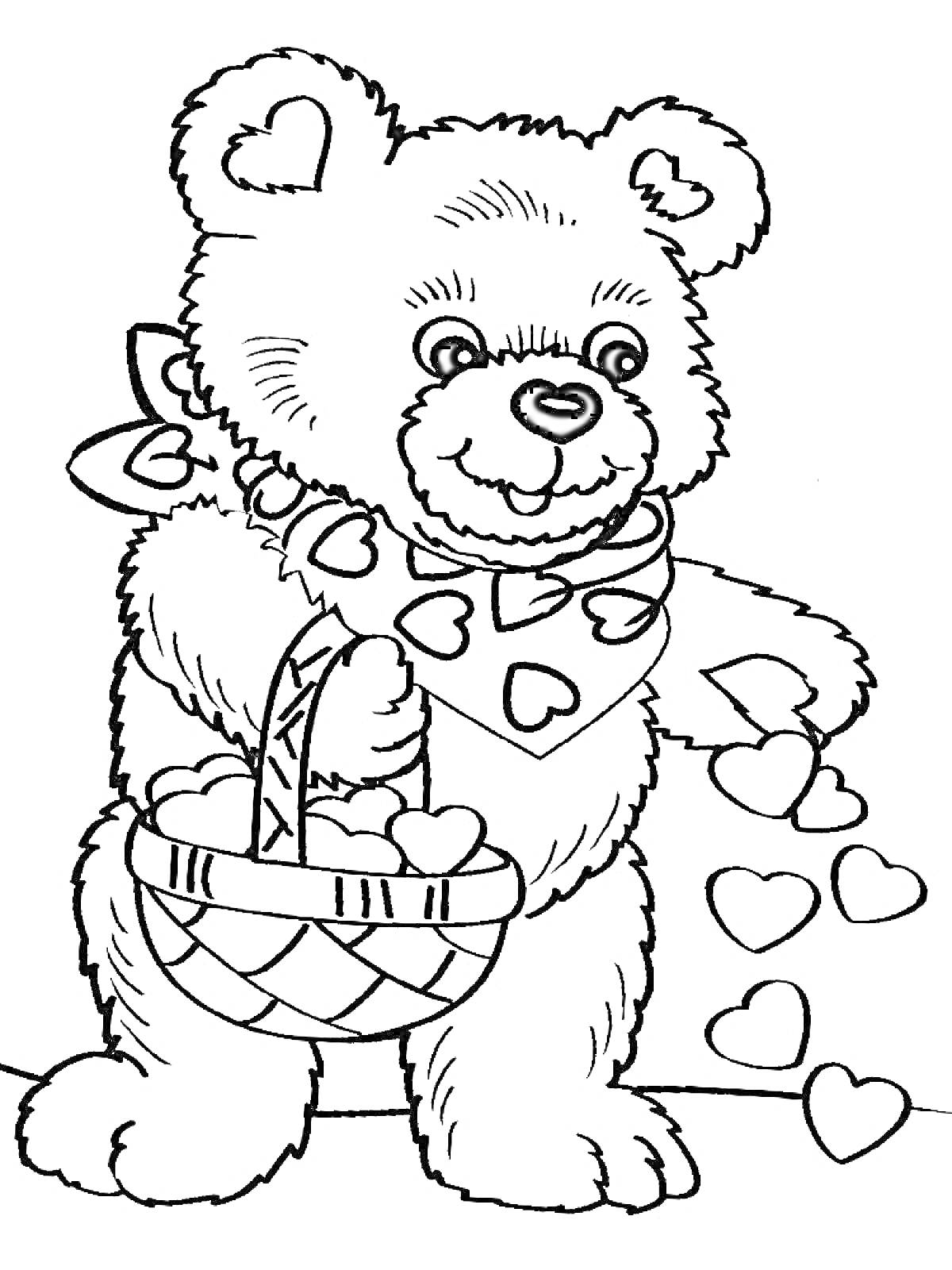 На раскраске изображено: Валентинка, Шарф, День Святого Валентина, Любовь, Корзина, Медведь, Сердца