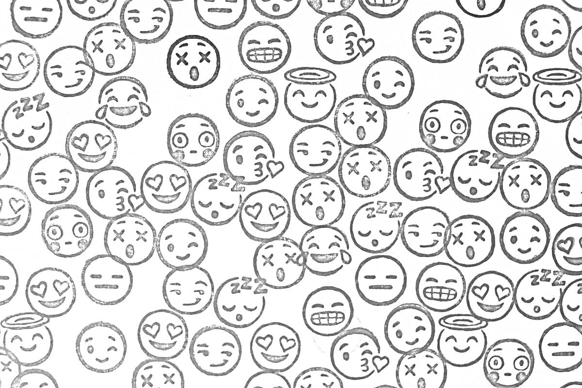 Раскраска Смайлики с различными выражениями лица, включая улыбающиеся, сердитые, сонные, с сердечками вместо глаз, с крестиками на глазах, с ореолами, испуганные и другие