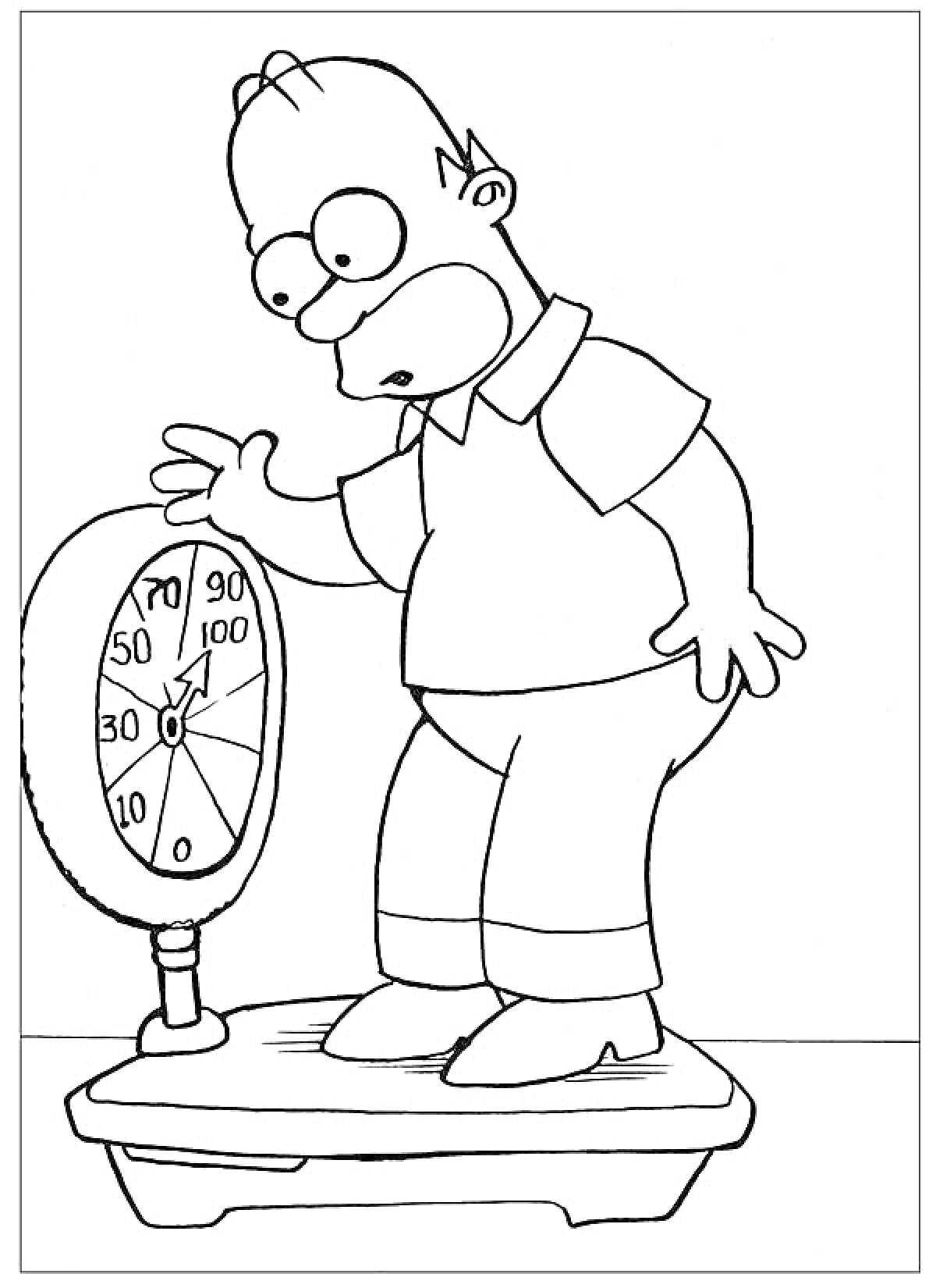Раскраска Мужчина на весах, обеспокоенно смотрящий на показания весов
