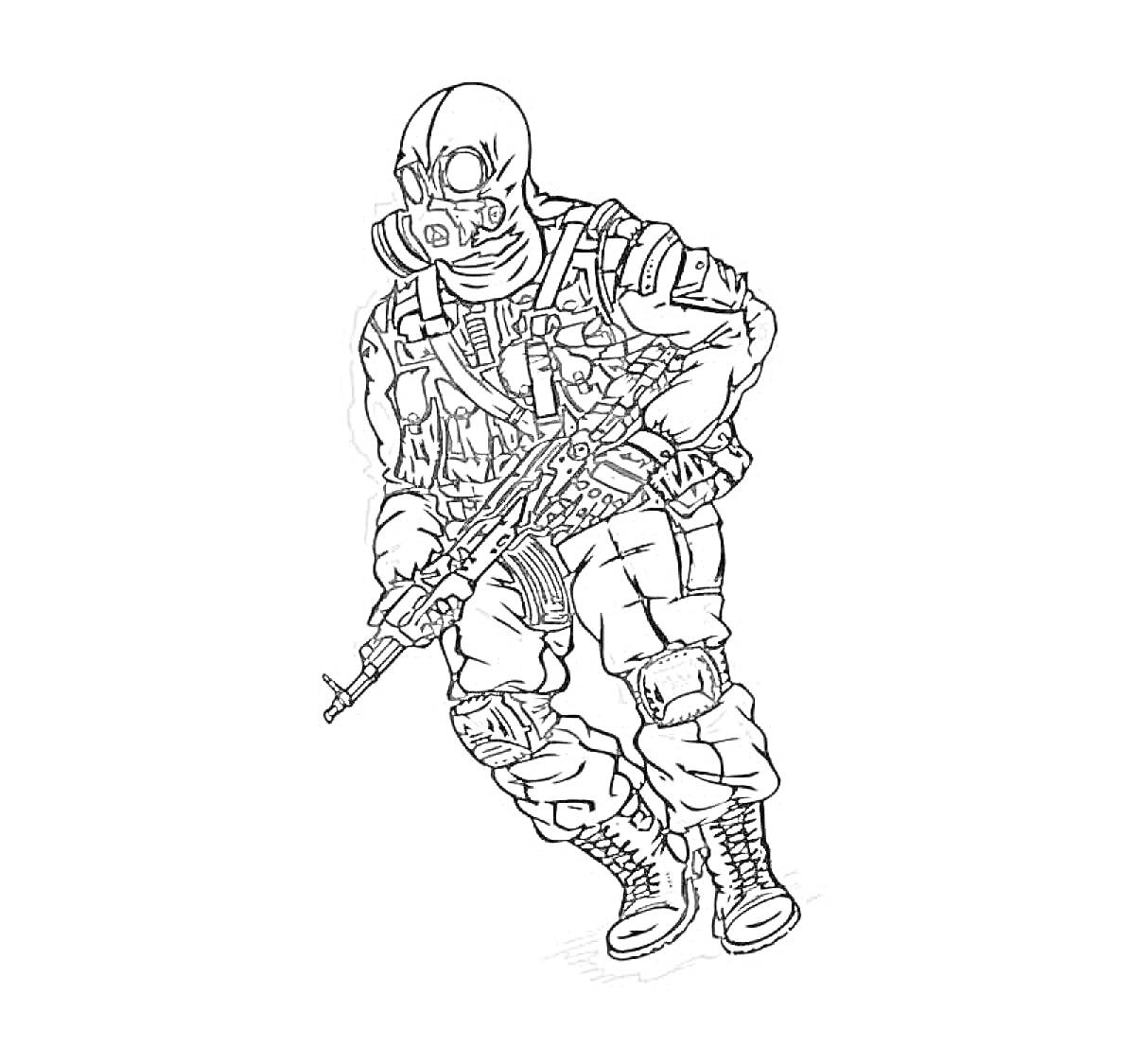 Раскраска Спецназовец в защитной маске с автоматом