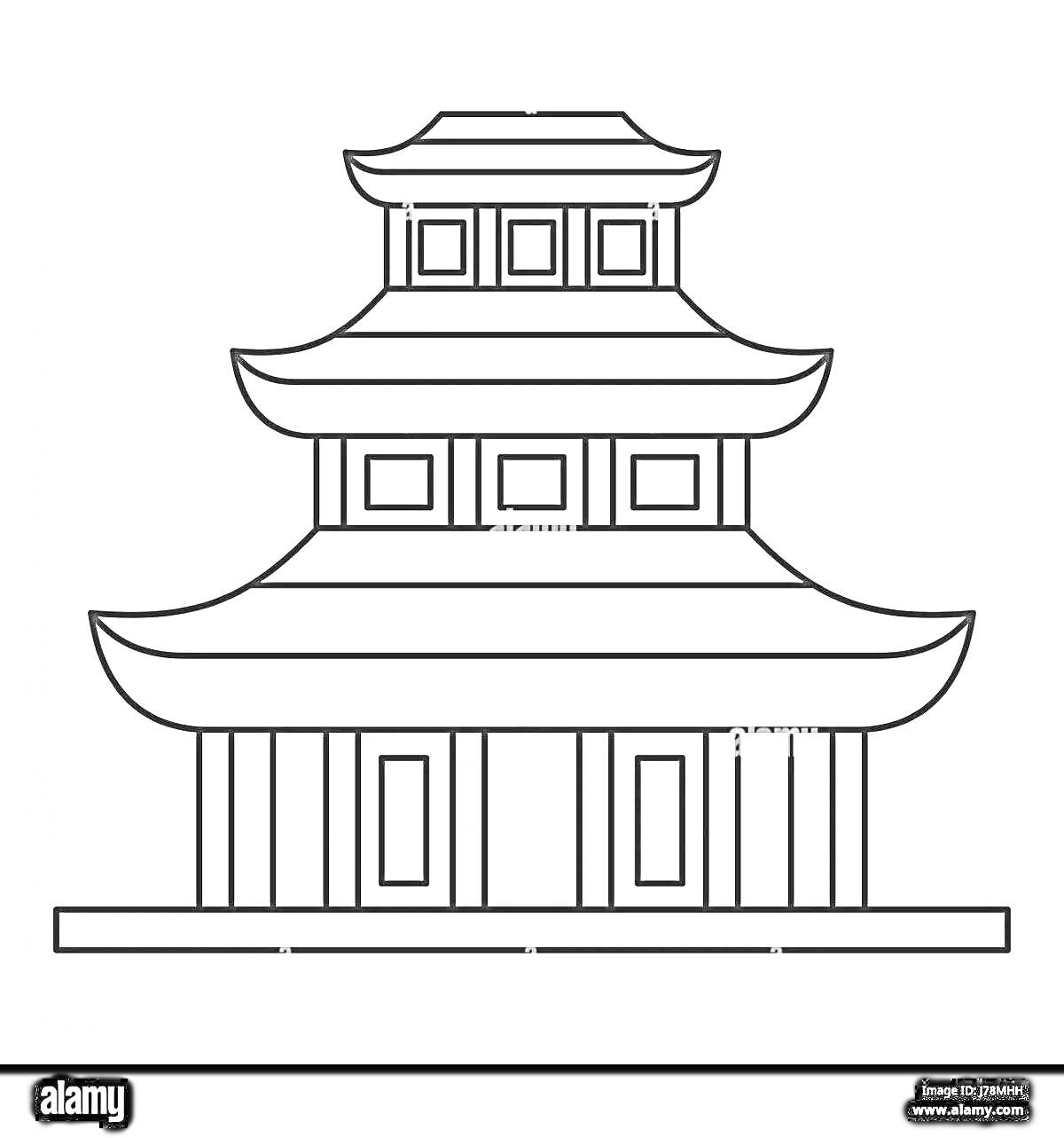 Раскраска трехуровневая пагода с арочными крышами и колоннами