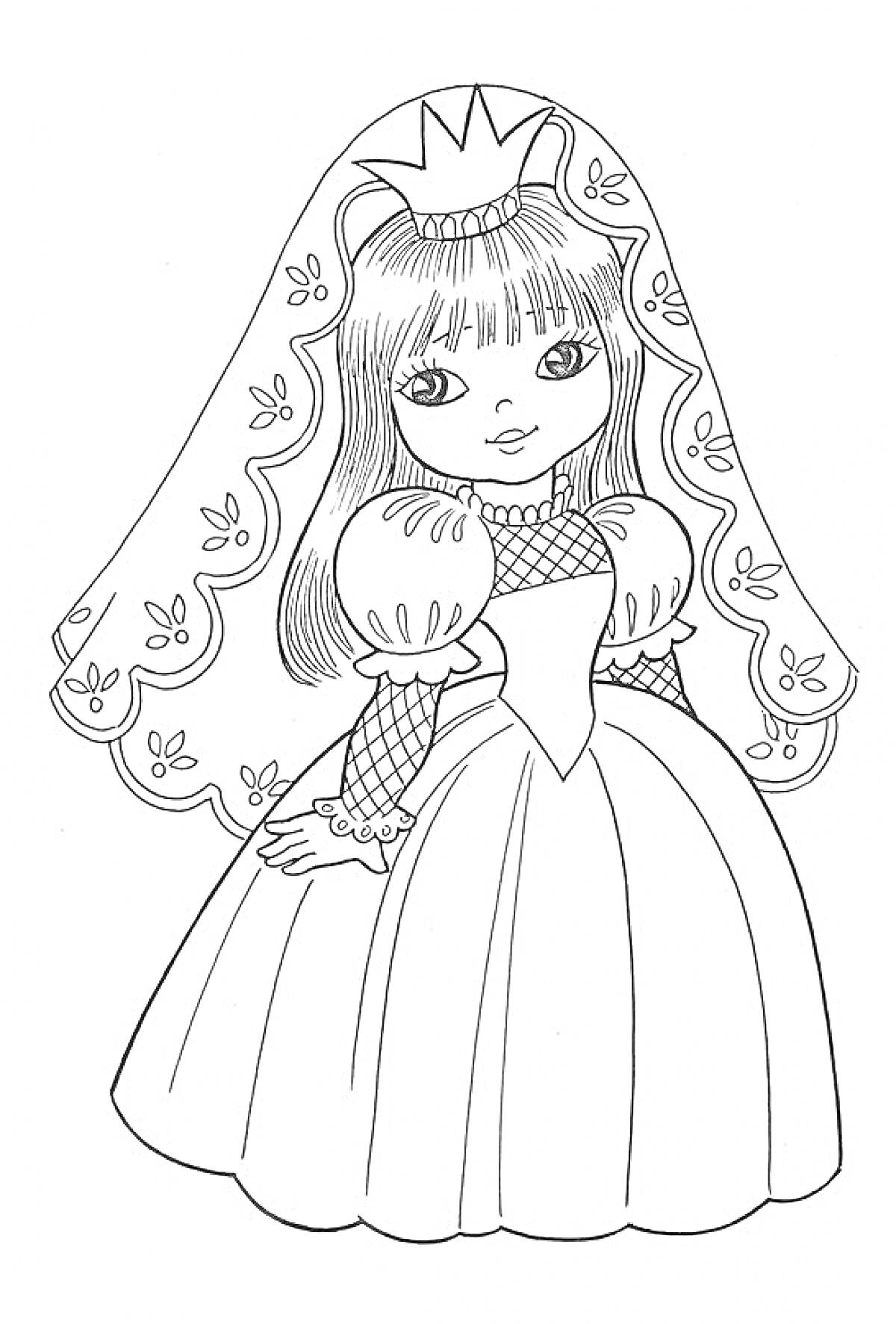 Раскраска Принцесса в длинном платье с накидкой и короной