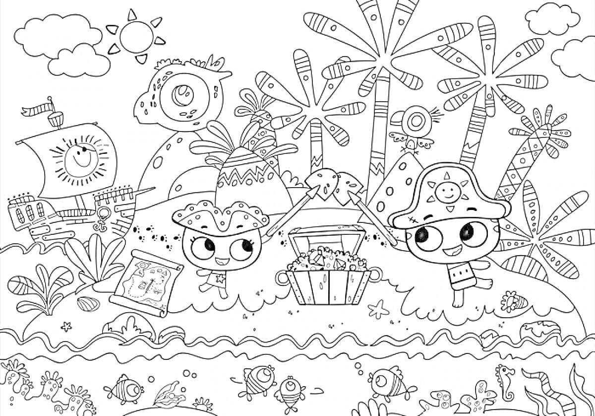 Раскраска Пираты на острове сокровищ с кораблём, пальмами, сундуком с сокровищами и котятами