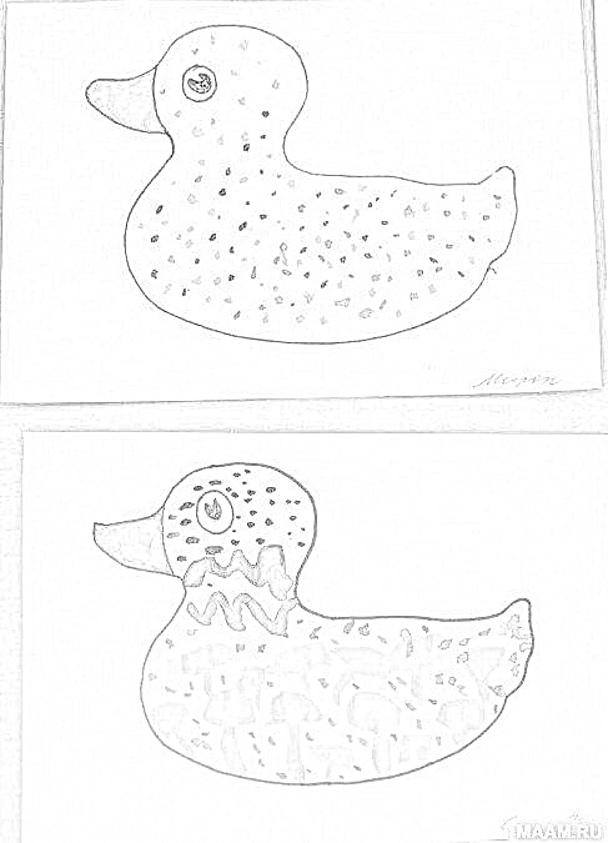 Раскраска Дымковская уточка с мелкими узорами и дымковская уточка с волнистыми и пятнистыми узорами