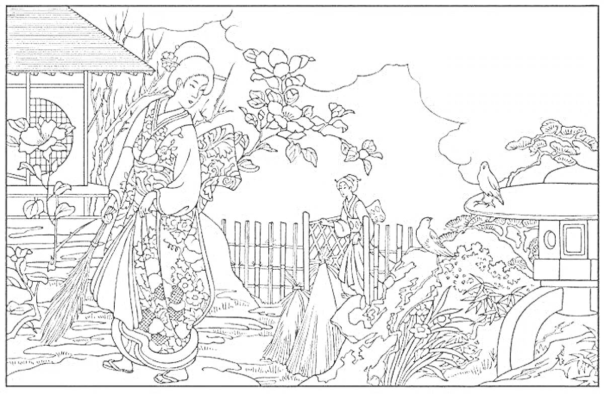 На раскраске изображено: Япония, Кимоно, Сад, Забор, Цветы, Дом