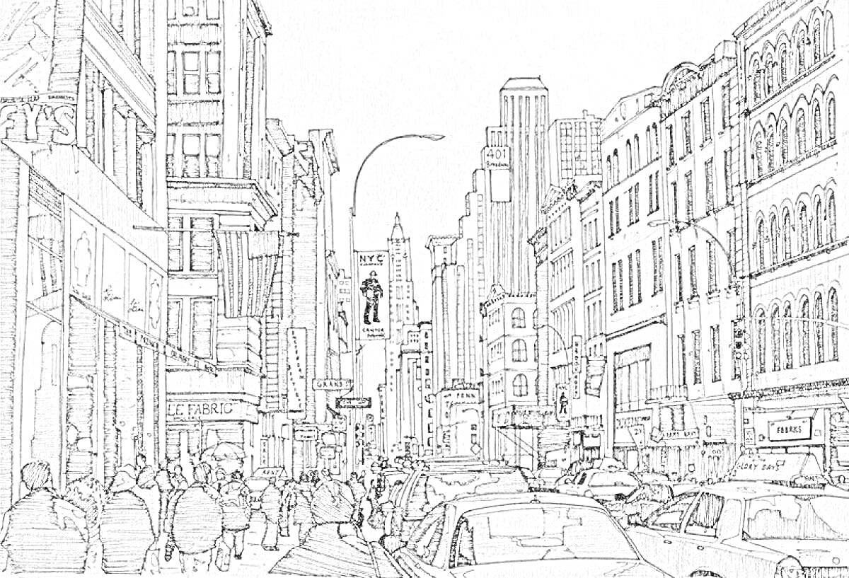 На раскраске изображено: Нью-Йорк, Небоскрёбы, Пешеходы, Городской пейзаж, Архитектура, Улицы, Авто