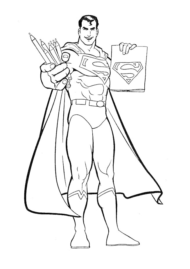 Супермен с карандашами и листом бумаги с логотипом
