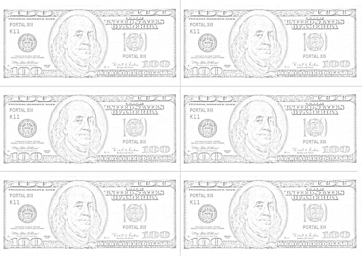 На раскраске изображено: 100 долларов, Купюры, Деньги, Бумажные деньги, Валюта, США