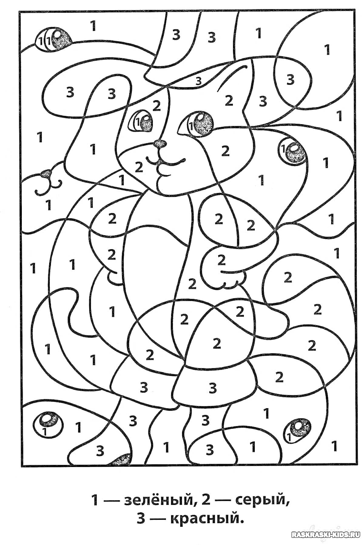 Раскраска Раскраска по номерам с изображением котика и жучков.