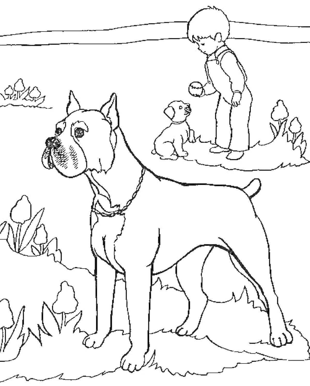 На раскраске изображено: Мальчик, Природа, Кусты, Подготовительная группа, Собака