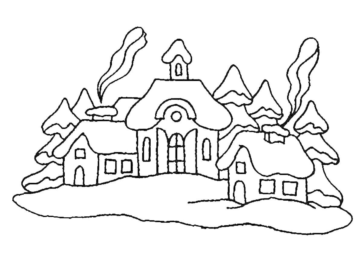 На раскраске изображено: Домик, Новый год, Зима, Снег, Деревья, Дымоход, Снежный пейзаж